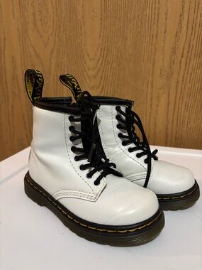 De Martens White Lace-Up Combat Boots with Black Trim